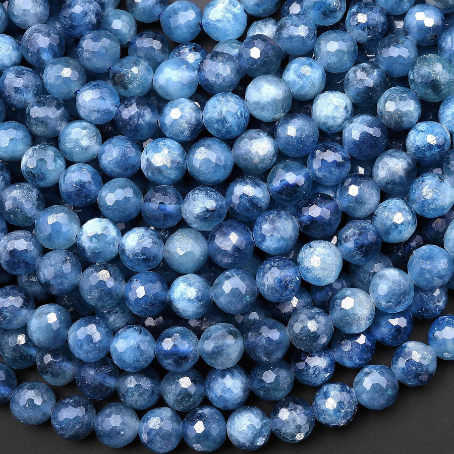 AAA Faceted Natural Stormy Blue Santa Maria Aquamarine 6mm Round Beads 15.5" Strand