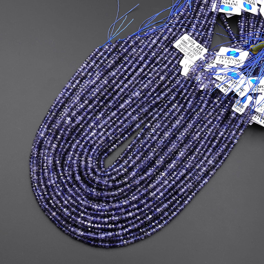 AAA Natural Blue Iolite Faceted 4mm Thin Rondelle Beads 15.5" Strand
