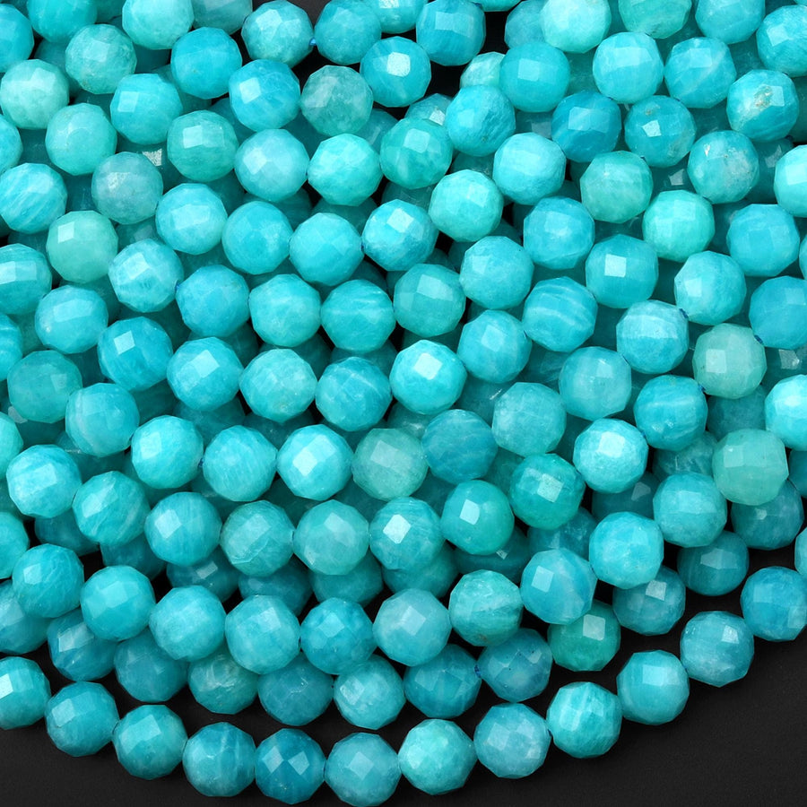 AAA Faceted Natural Sea Blue Peruvian Amazonite 6mm Round Beads 15.5" Strand
