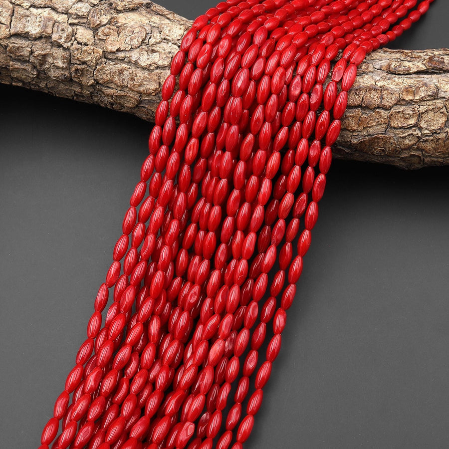 Genuine Red Bamboo Coral Thin Long Drum Rice Barrel Beads 15.5" Strand