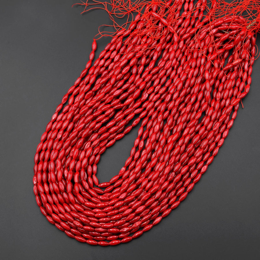 Genuine Red Bamboo Coral Thin Long Drum Rice Barrel Beads 15.5" Strand