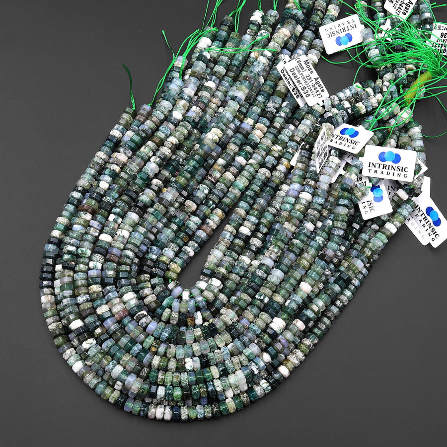 AAA Faceted Natural Green Moss Agate Beads 6mm hexagon Heishi Rondelle 15.5" Strand