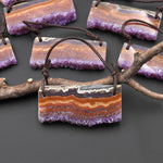 Two 2 Hole Pendant Natural Red Orange Purple Amethyst Stalactite Crystal Pendant Flat Slice Long Rectangle