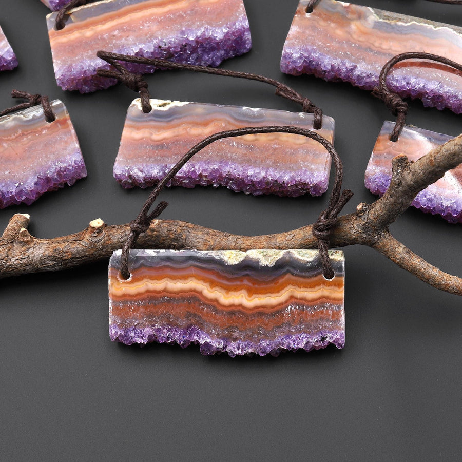 Two 2 Hole Pendant Natural Red Orange Purple Amethyst Stalactite Crystal Pendant Flat Slice Long Rectangle A4