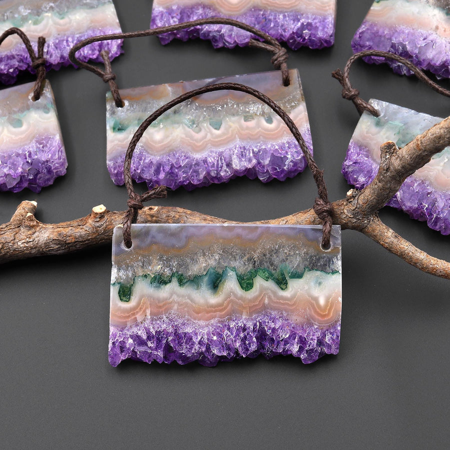 Two 2 Hole Pendant Natural Purple Orange Green Amethyst Stalactite Crystal Pendant Flat Slice Long Rectangle A1