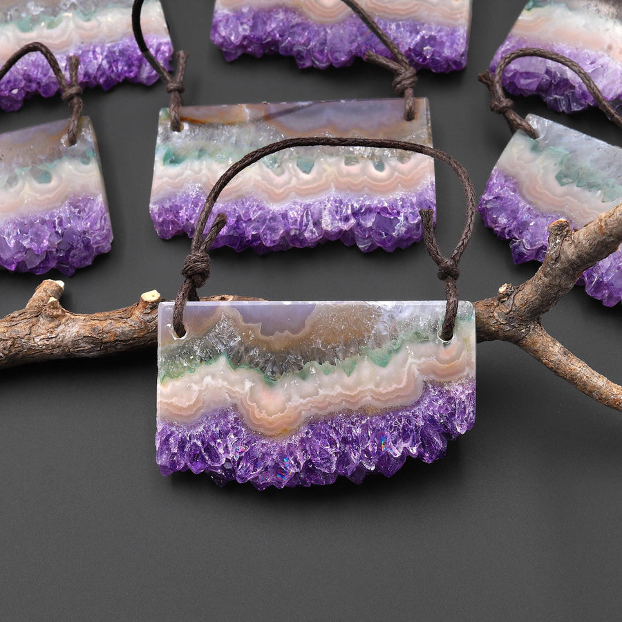Two 2 Hole Pendant Natural Purple Orange Green Amethyst Stalactite Crystal Pendant Flat Slice Long Rectangle A3