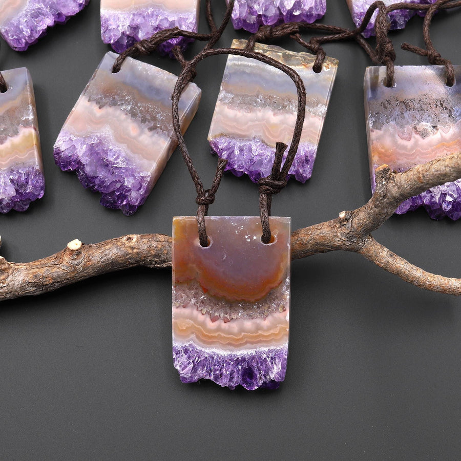 2 Hole Pendant Natural Orange Purple Amethyst Stalactite Crystal Pendant Flat Slice Rectangle