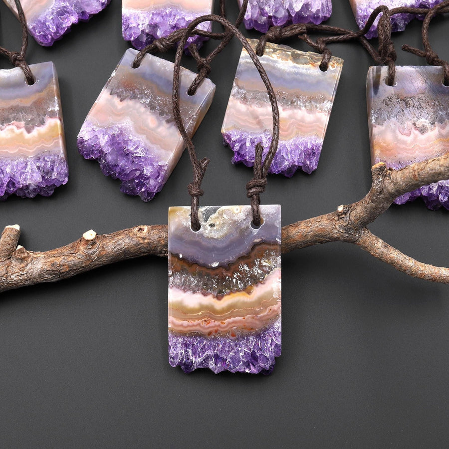 2 Hole Pendant Natural Orange Purple Amethyst Stalactite Crystal Pendant Flat Slice Rectangle