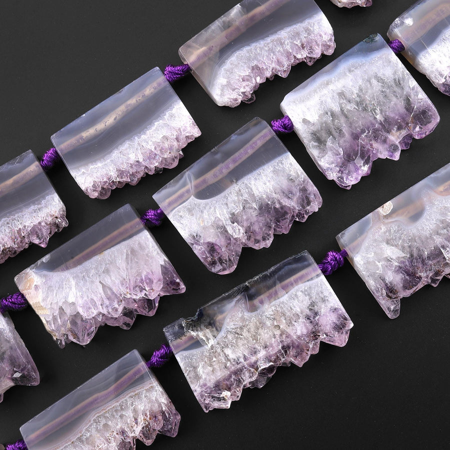 Natural Purple Amethyst Stalactite Slice Pendant Beads Side Drilled Rectangle Gemstone 15.5" Strand B1590