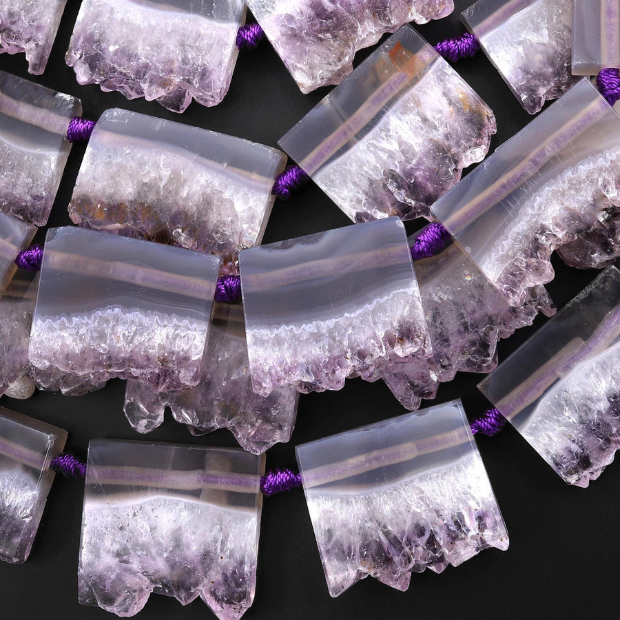 Natural Purple Amethyst Stalactite Slice Pendant Beads Side Drilled Rectangle Gemstone 15.5" Strand B1591