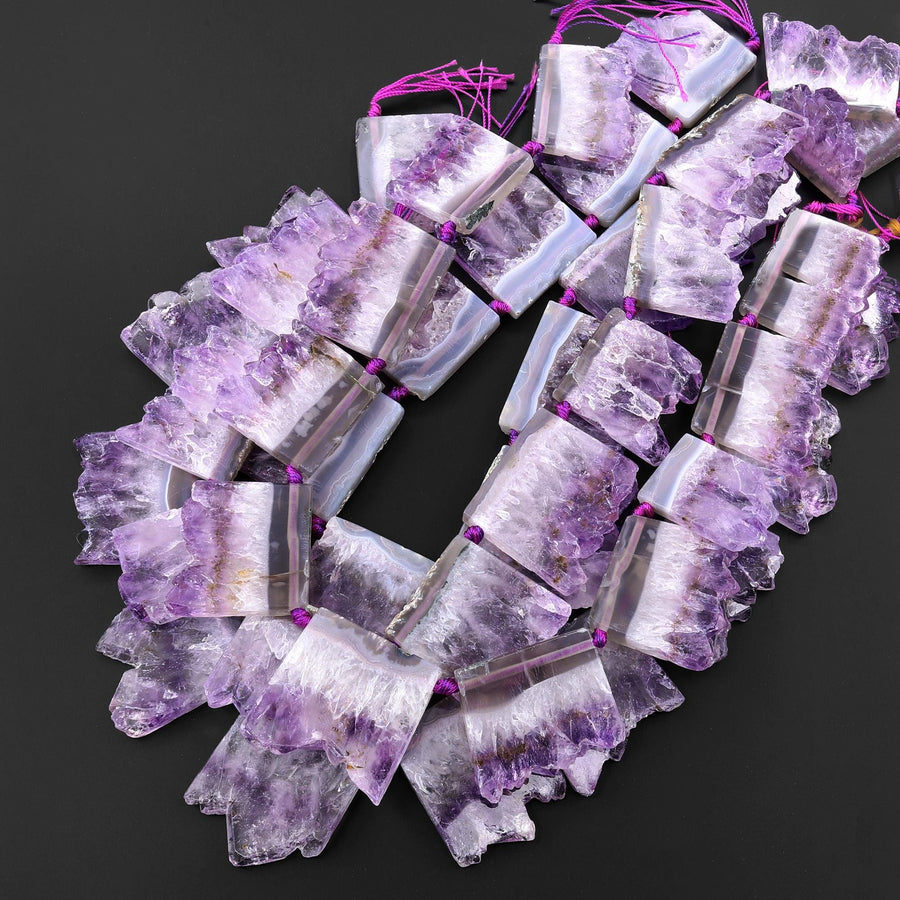 Natural Purple Amethyst Stalactite Slice Pendant Beads Side Drilled Rectangle Gemstone 15.5" Strand B1589