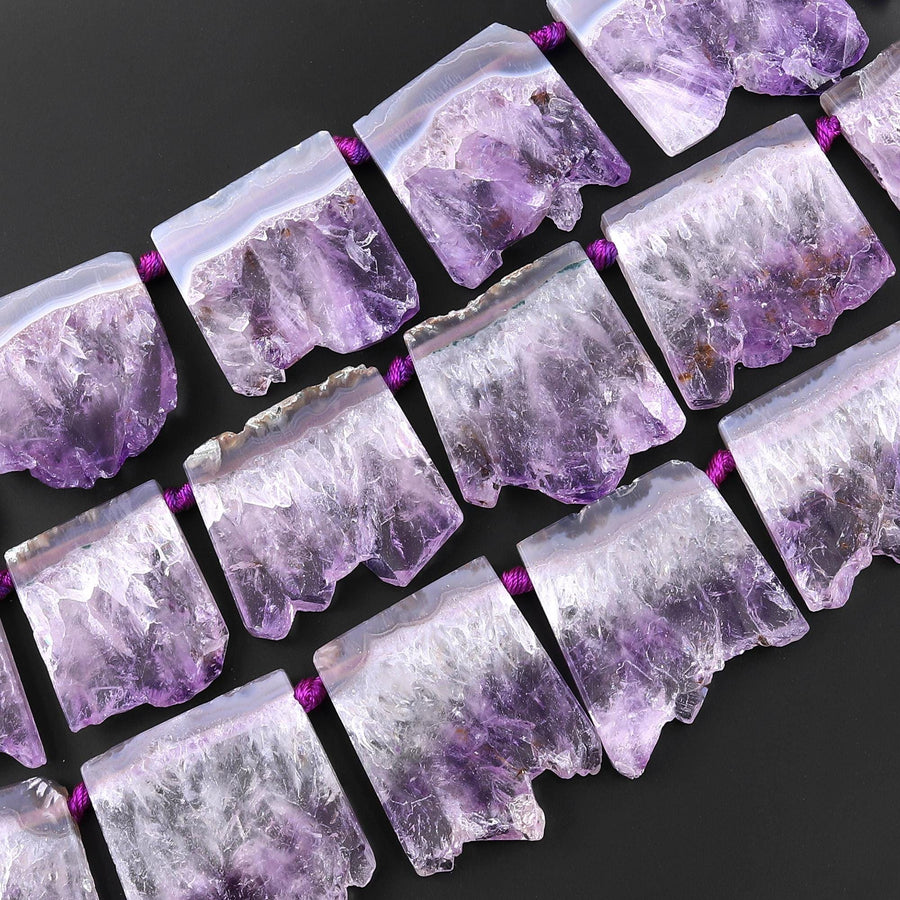 Natural Purple Amethyst Stalactite Slice Pendant Beads Side Drilled Rectangle Gemstone 15.5" Strand B1589