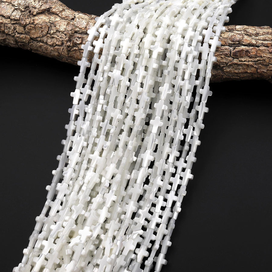 AAA Iridescent Carved Natural White Mother of Pearl Shell Cross Beads Vertically Drilled 15.5" Strand