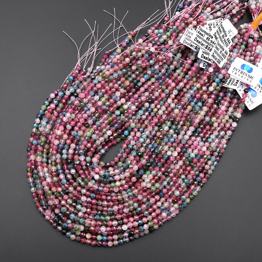 AAA Gemmy Translucent Faceted Natural Pink Blue Tourmaline Round Beads 4mm Gemstone 15.5" Strand