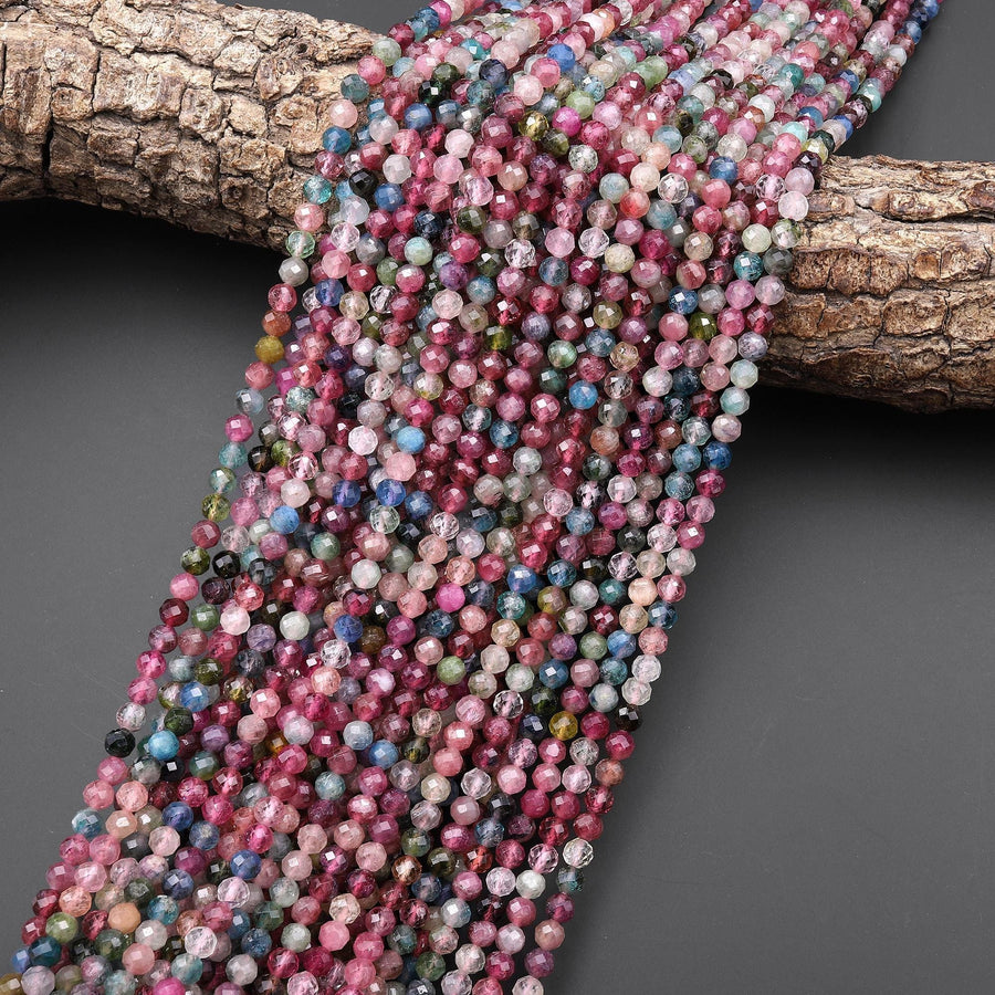 AAA Gemmy Translucent Faceted Natural Pink Blue Tourmaline Round Beads 4mm Gemstone 15.5" Strand