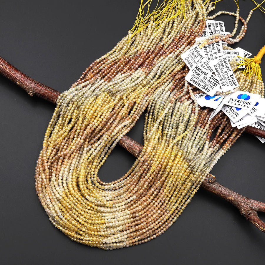 Faceted Genuine Natural Zircon Round Beads 2mm Champagne Gold Canary Yellow Coffee Diamond Beads Gemstone 15.5" Strand