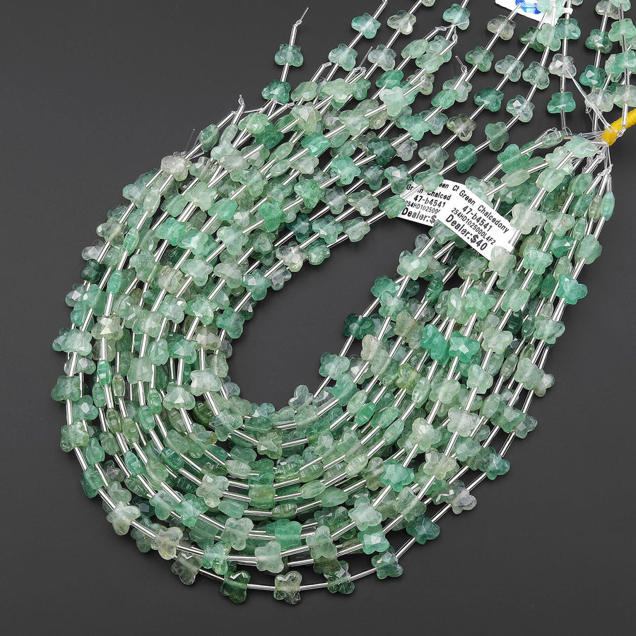 Faceted Natural African Green Chalcedony Butterfly Beads 10mm Carved Gemstone 15.5" Strand
