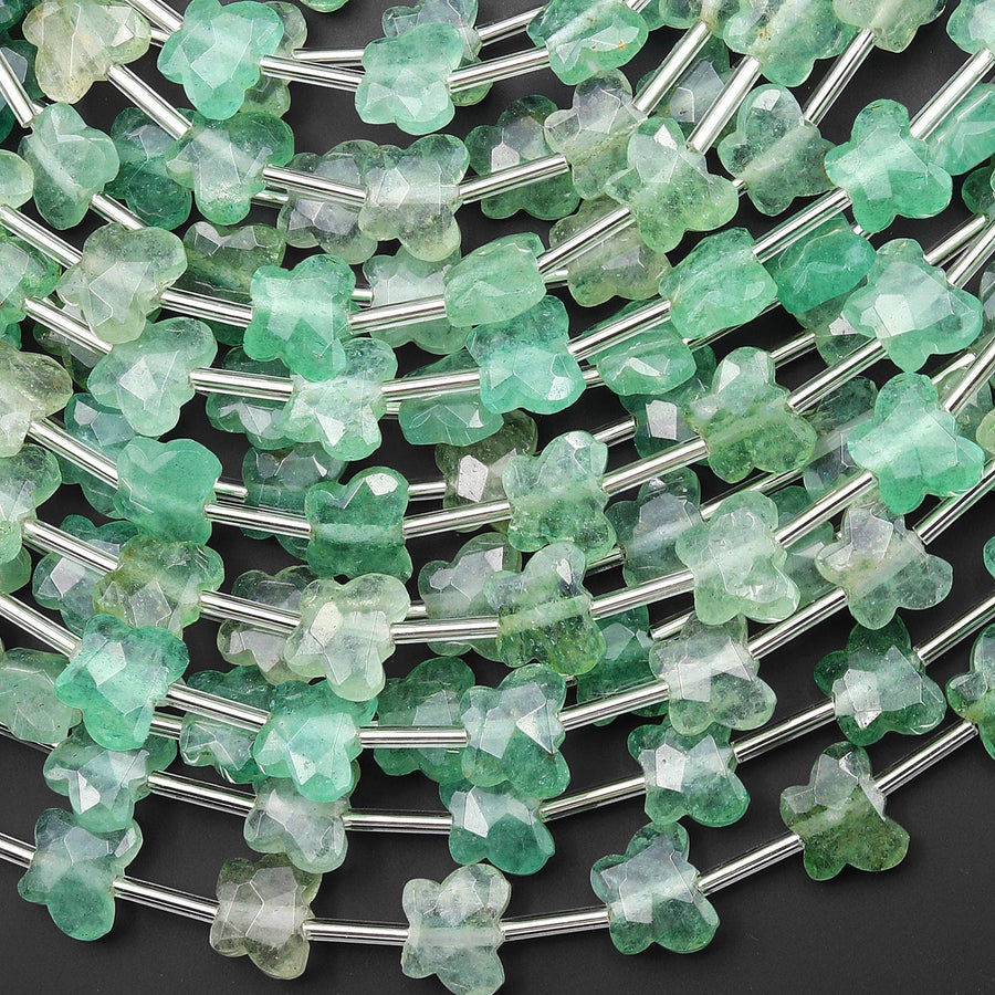 Faceted Natural African Green Chalcedony Butterfly Beads 10mm Carved Gemstone 15.5" Strand