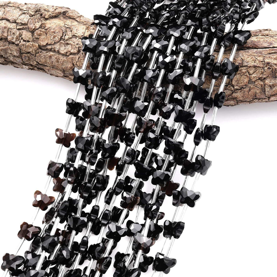 Faceted Natural Black Rainbow Obsidian Butterfly Beads 10mm Carved Gemstone 15.5" Strand