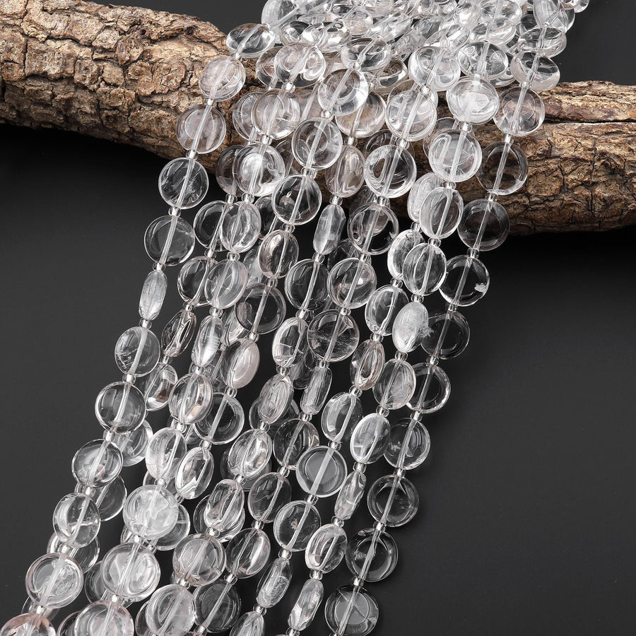 AAA Super Clear Real Genuine Natural Rock Crystal Quartz Smooth 12mm Coin Beads 15" Strand