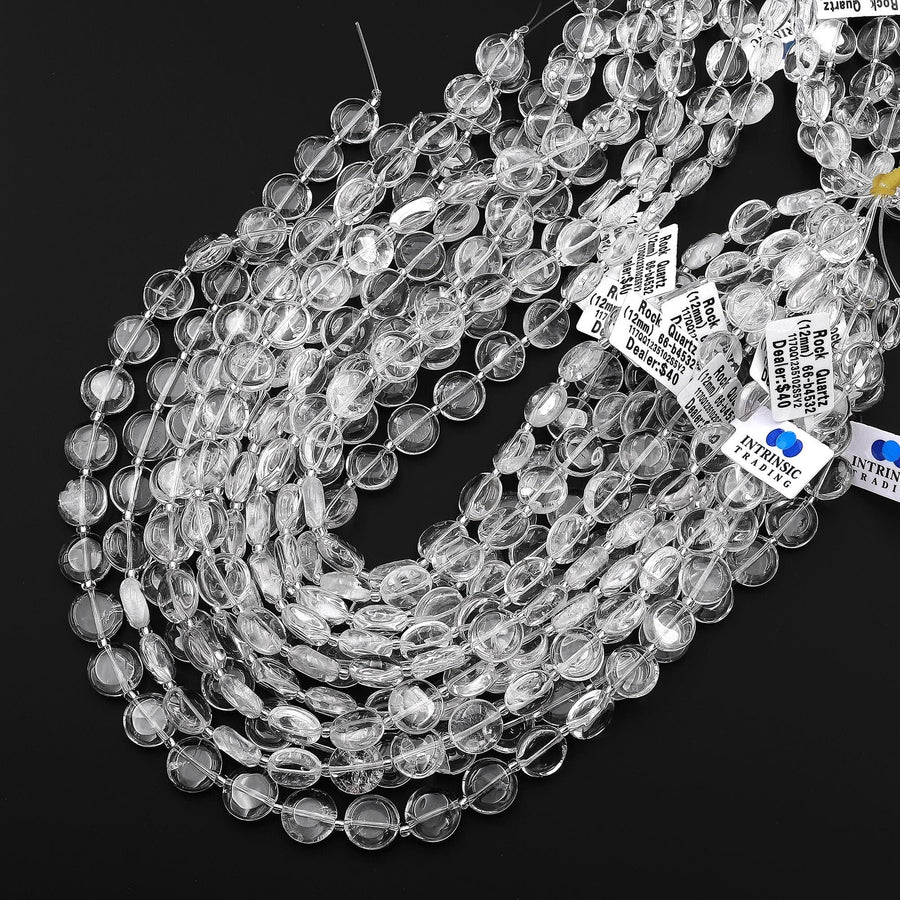 AAA Super Clear Real Genuine Natural Rock Crystal Quartz Smooth 12mm Coin Beads 15" Strand