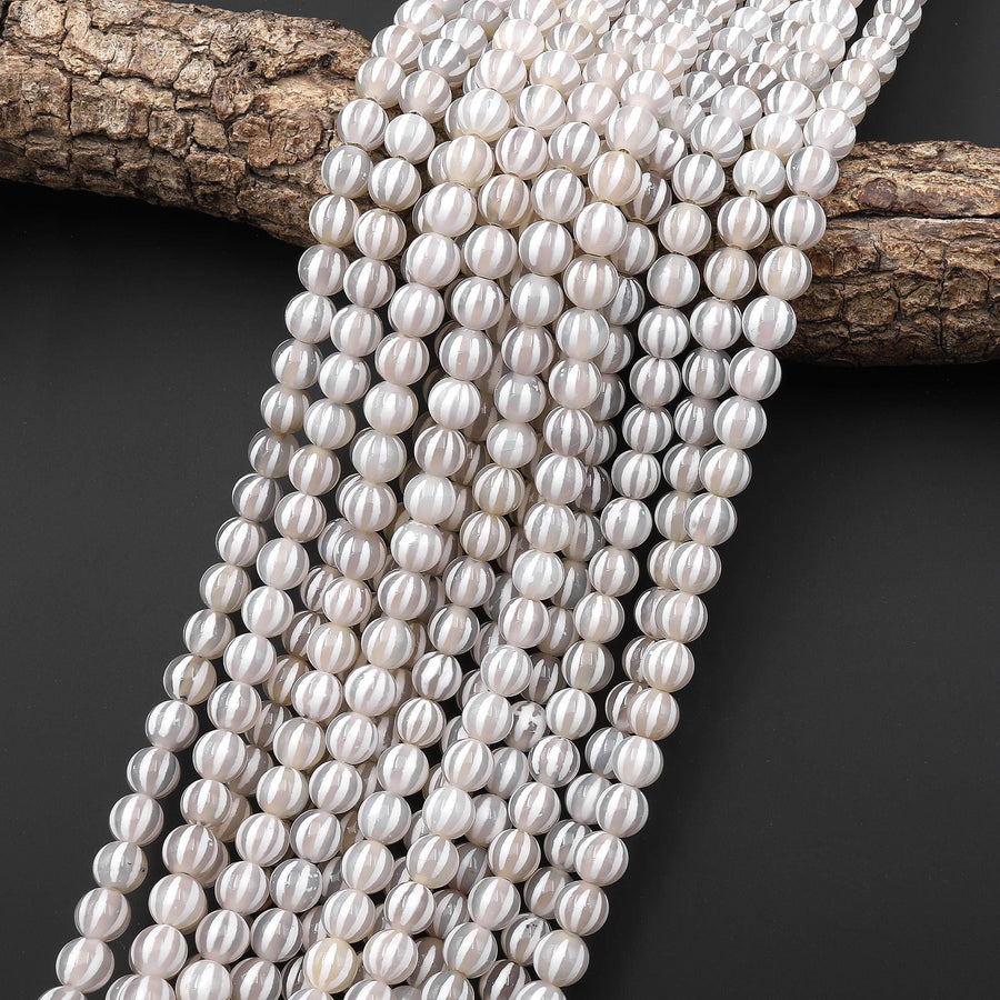 Tibetan Agate 8mm 10mm Round Beads White Dzi Agate Wavy Line Melon Pumpkin Mala Antique Boho Beads 15.5" Strand