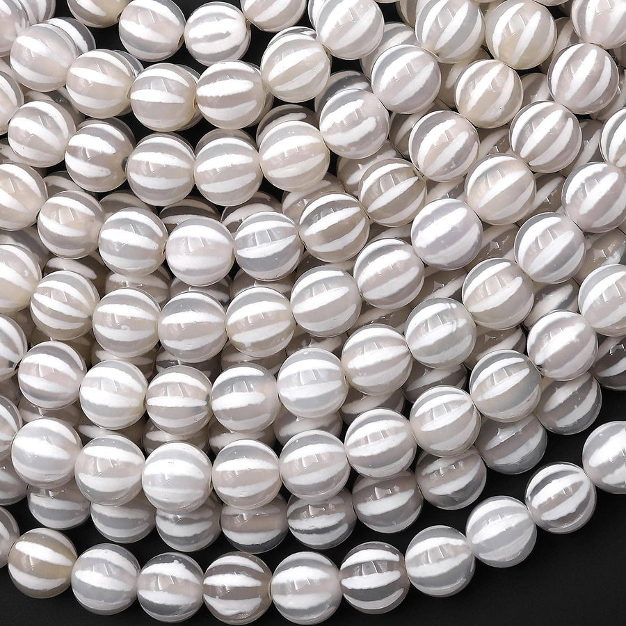 Tibetan Agate 8mm 10mm Round Beads White Dzi Agate Wavy Line Melon Pumpkin Mala Antique Boho Beads 15.5" Strand
