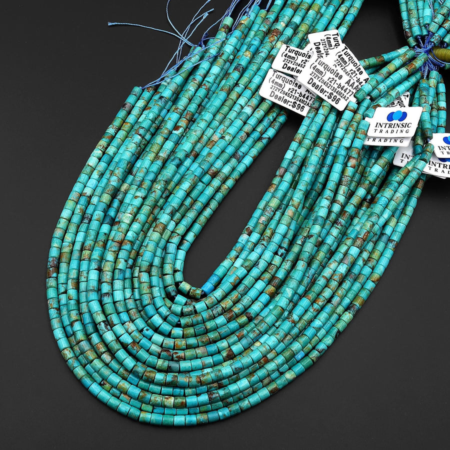 AAA Genuine Natural Blue Green Turquoise 4x4mm Smooth Cylinder Tube Beads 15.5" Strand
