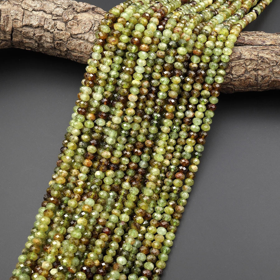 Faceted Natural Green Garnet Rondelle 6x4mm Gemstone Beads 15.5" Strand