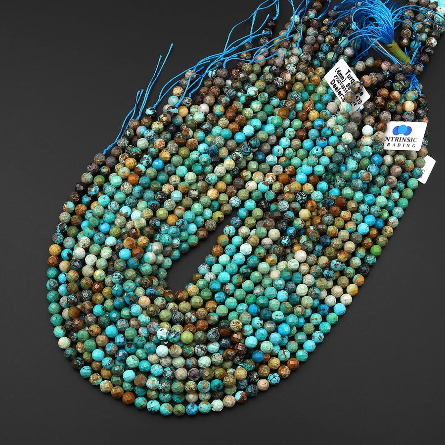 Faceted Natural Turquoise 6mm Round Beads Real Genuine Vibrant Blue Green Gemstone 15.5" Strand