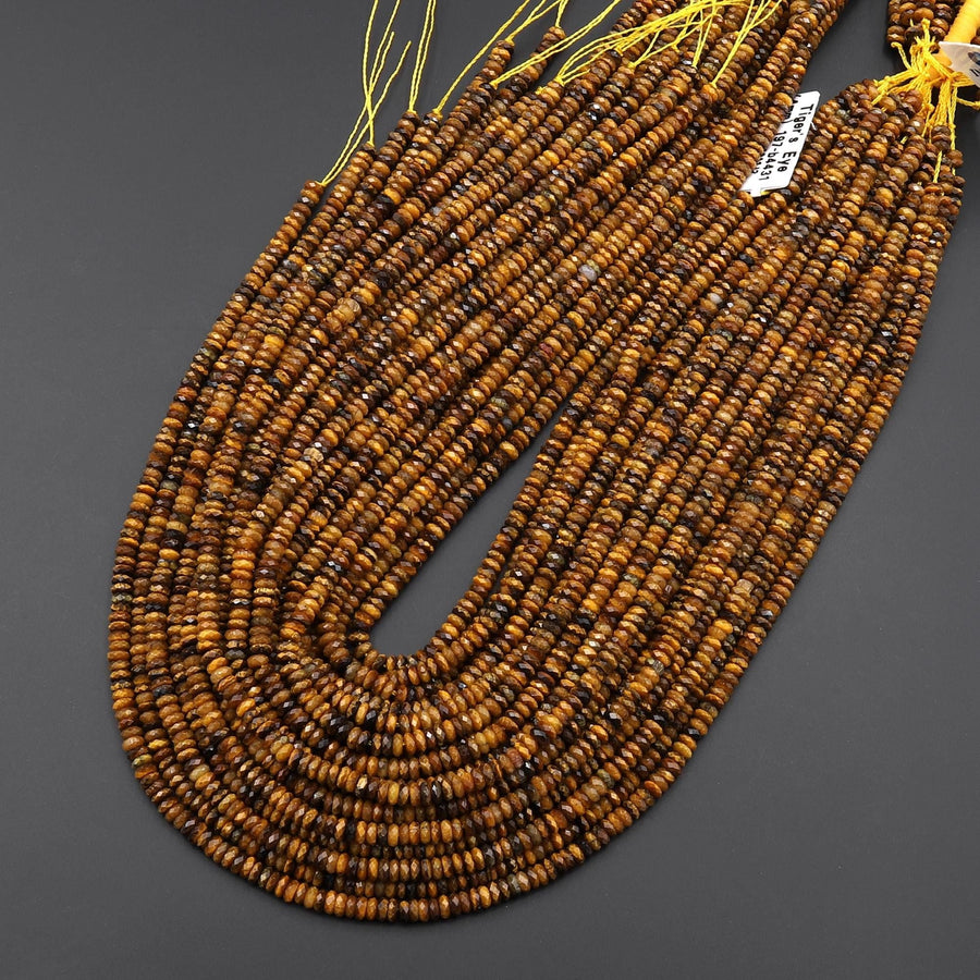 AAA Faceted Natural Golden Brown Tiger's Eye 4mm Thin Rondelle Beads 15.5" Strand