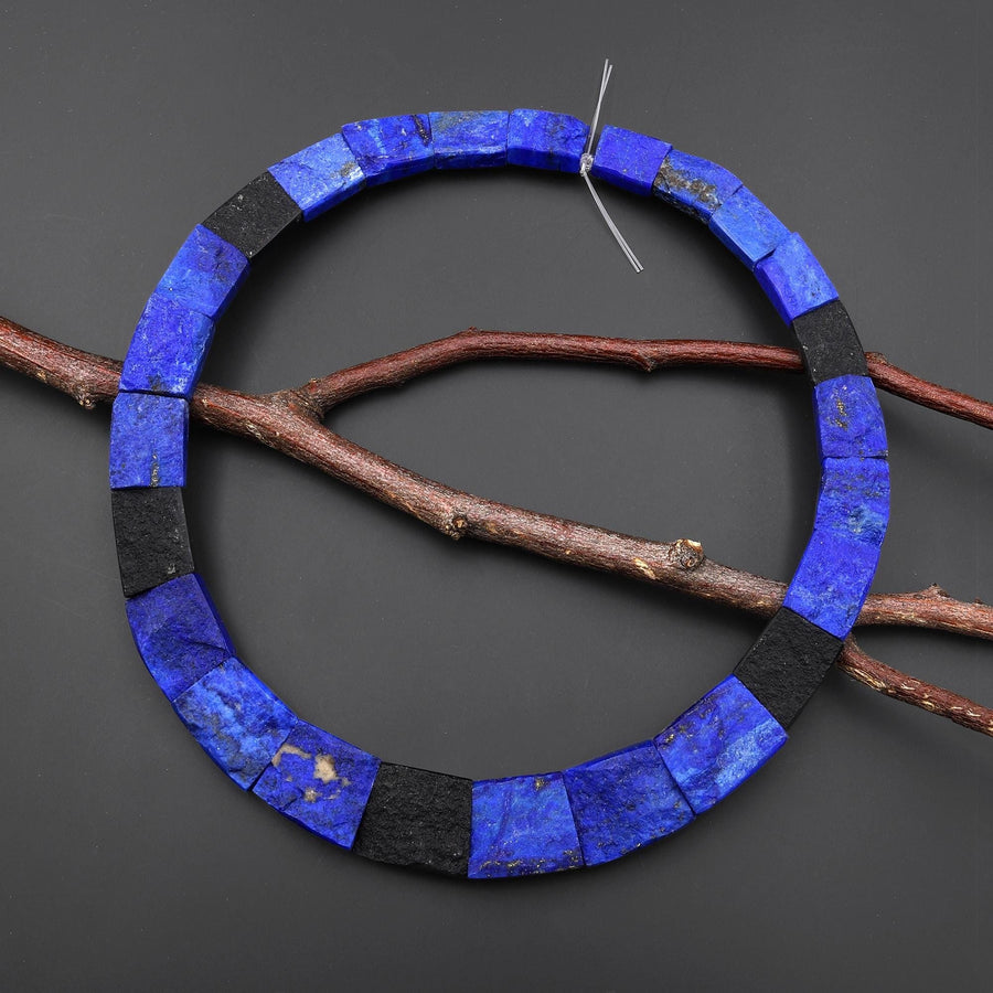 AAA Natural Blue Lapis Black Tourmaline Beads Hand Hammered Double Drilled 2 Two Hole Fan Shaped Trapezoid Rectangle 18" Strand