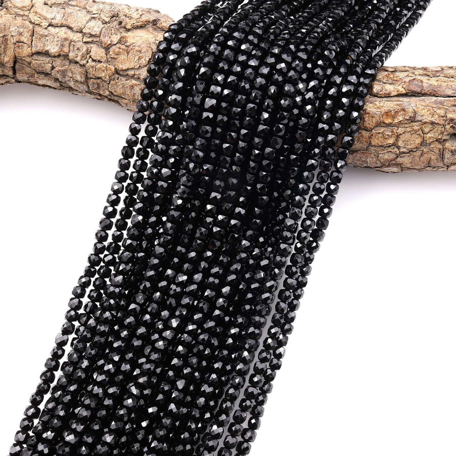AAA Natural Black Tourmaline Faceted 4mm Cube Beads 15.5" Strand