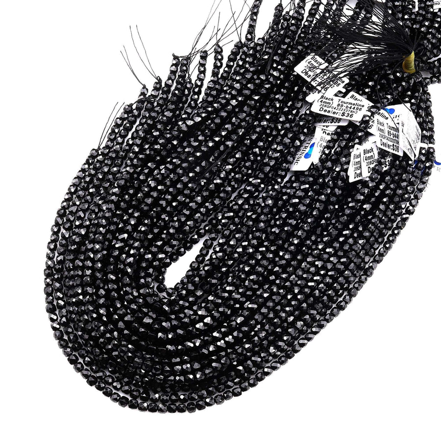 AAA Natural Black Tourmaline Faceted 4mm Cube Beads 15.5" Strand