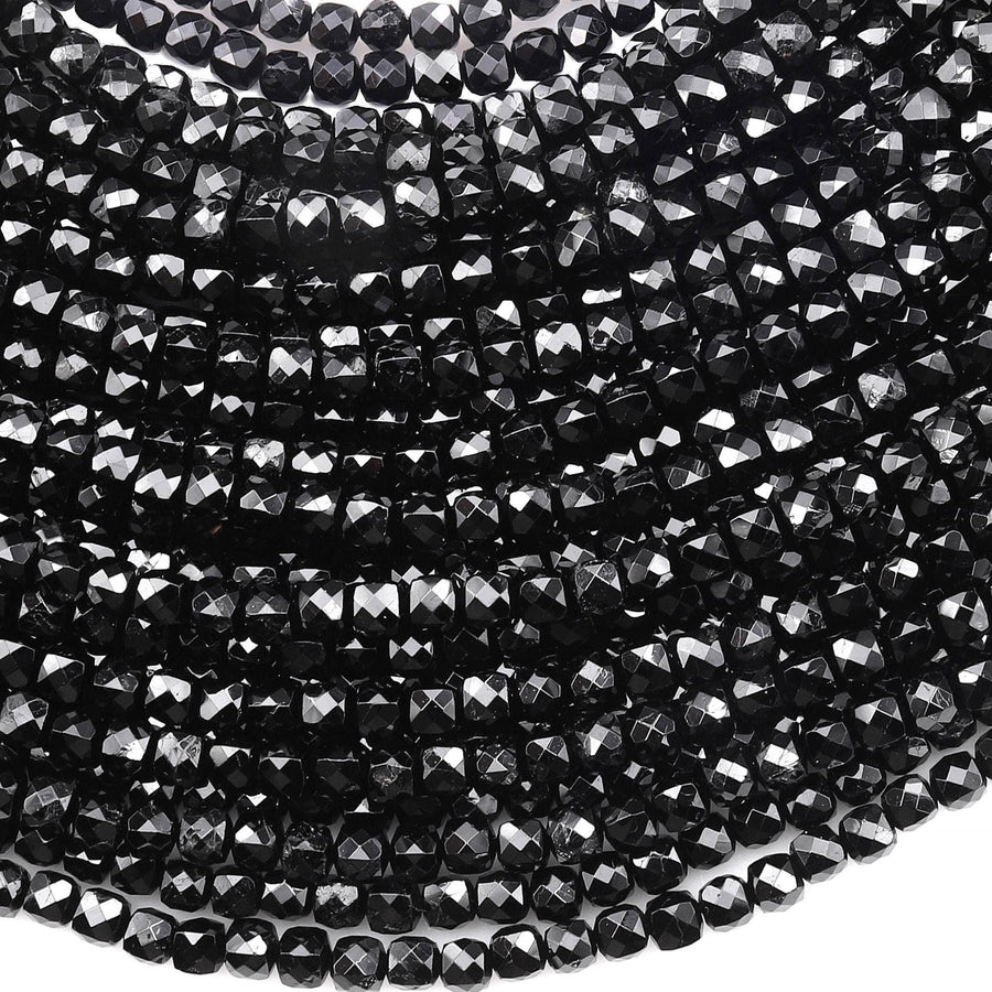 AAA Natural Black Tourmaline Faceted 4mm Cube Beads 15.5" Strand