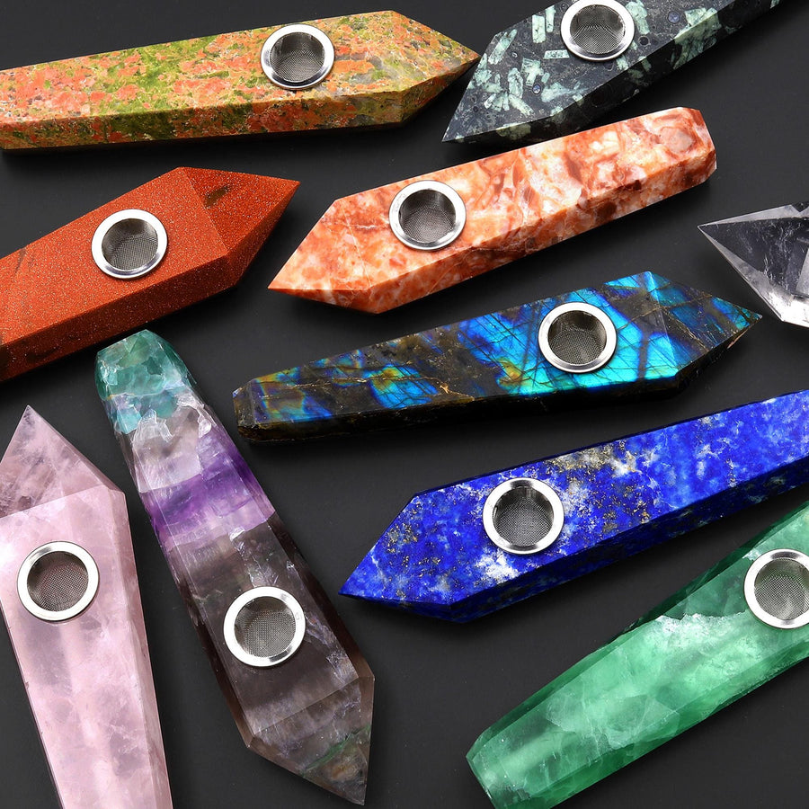 Handmade Natural Gemstone Crystal Smoking Pipe Fluorite Lapis Labradorite Rose Quartz Sodalite Ruby Zoisite Rock Quartz Goldstone Tiger Eye