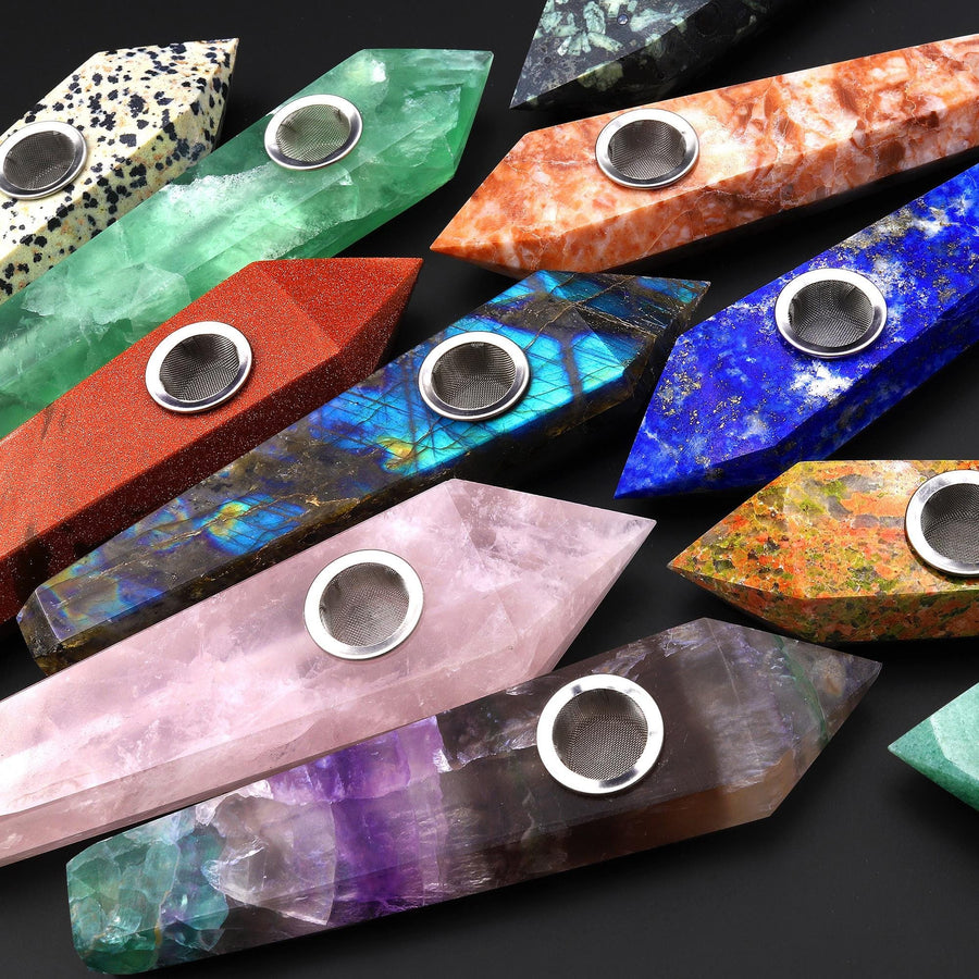 Handmade Natural Gemstone Crystal Smoking Pipe Fluorite Lapis Labradorite Rose Quartz Sodalite Ruby Zoisite Rock Quartz Goldstone Tiger Eye