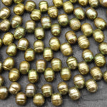 Large Genuine Golden Olive Green Freshwater Potato Oval Teardrop Pearl Top Side Drilled 15.5" Strand