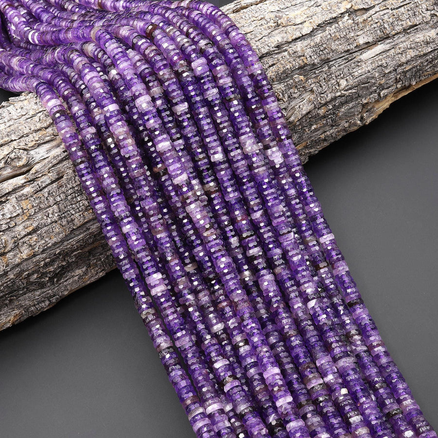 AAA Faceted Natural Amethyst 6mm Thin Heishi rondelle Beads 15.5" Strand
