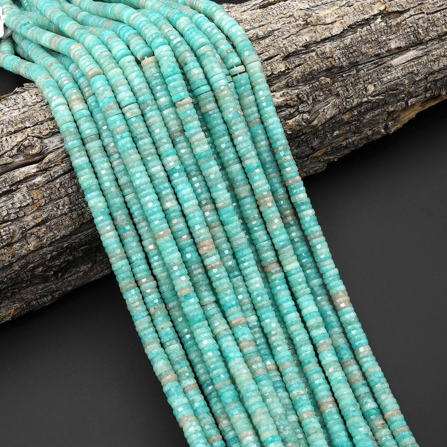 AAA Faceted Natural Sea Blue Peruvian Amazonite Thin Heishi Rondelle Beads 15.5" Strand