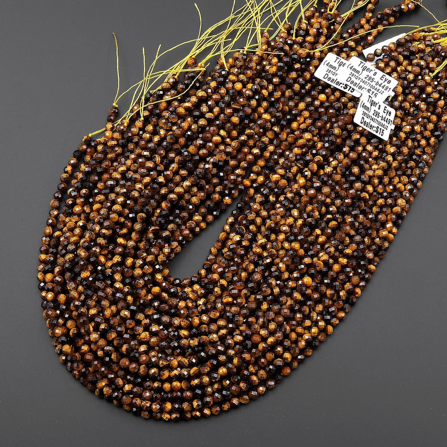 AAA Faceted Natural Tiger's Eye 4mm Round Beads 15" Strand
