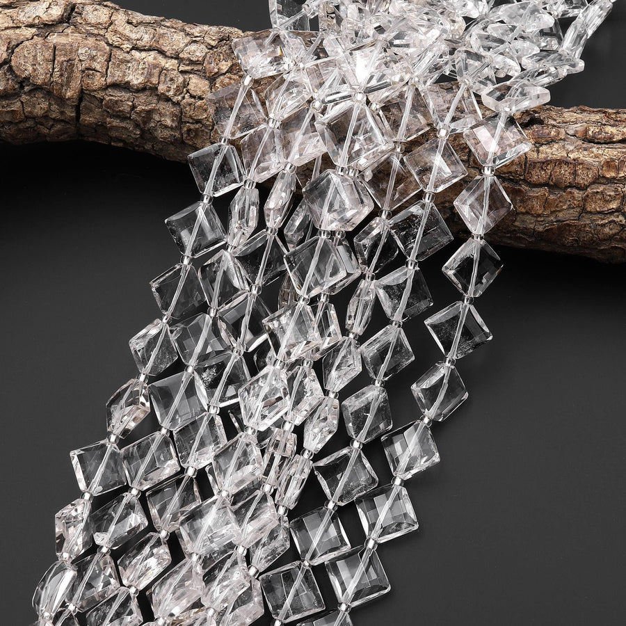 AAA Natural Rock Crystal Quartz Beads Faceted 12mm Diamond Square Cushion 15.5" Strand