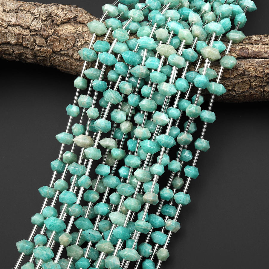 Faceted Natural Peruvian Amazonite Double Terminated Points 6x10mm Beads Center Drilled Sea Green Gemstone 15.5" Strand