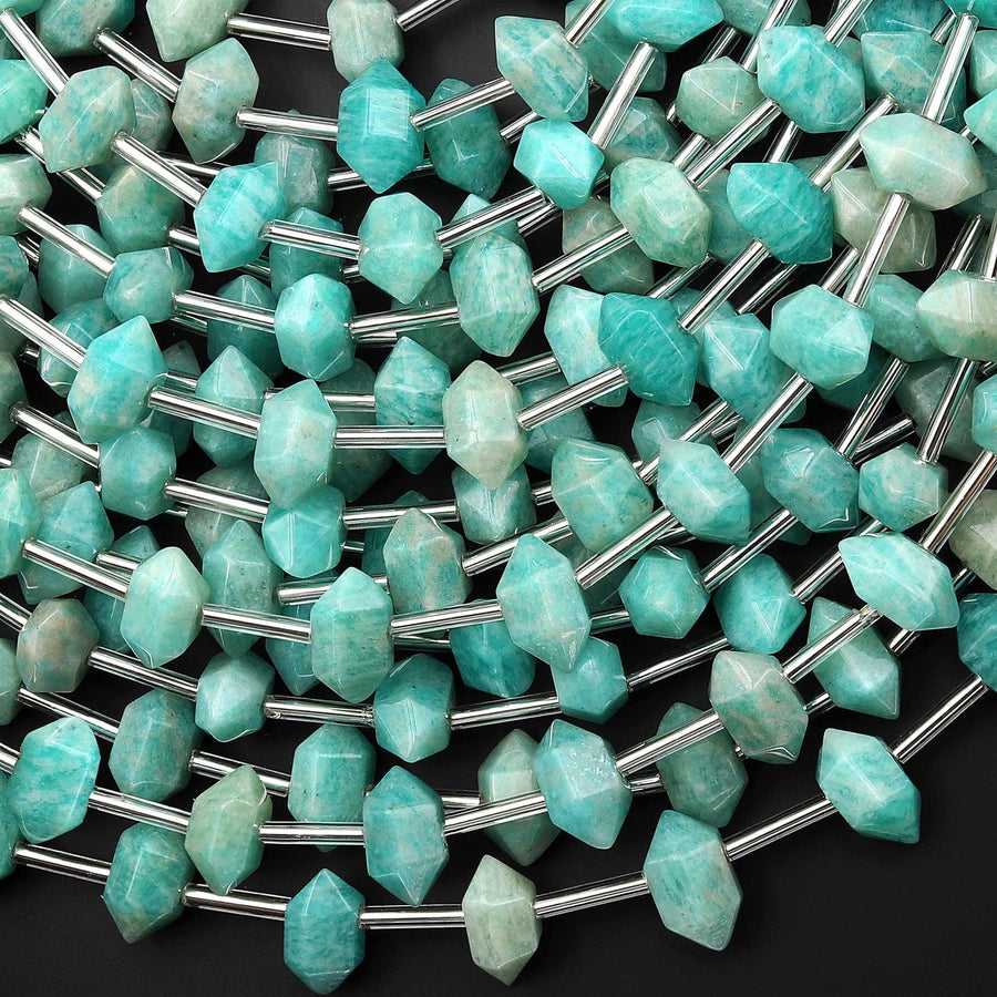 Faceted Natural Peruvian Amazonite Double Terminated Points 6x10mm Beads Center Drilled Sea Green Gemstone 15.5" Strand