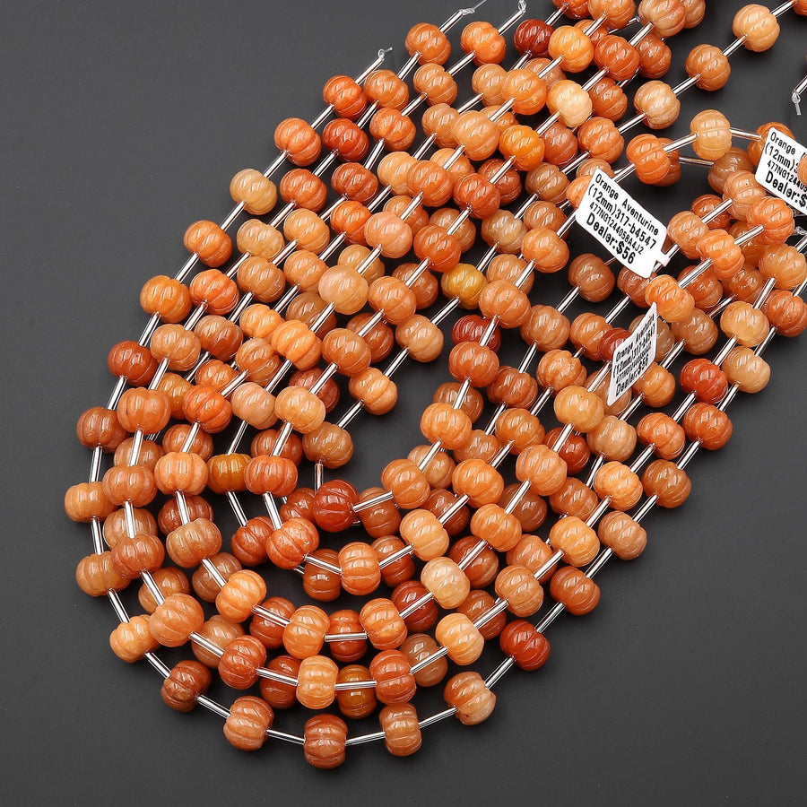 AAA Hand Carved Natural Orange Aventurine 12mm Pumpkin Melon Rondelle Beads 15.5" Strand