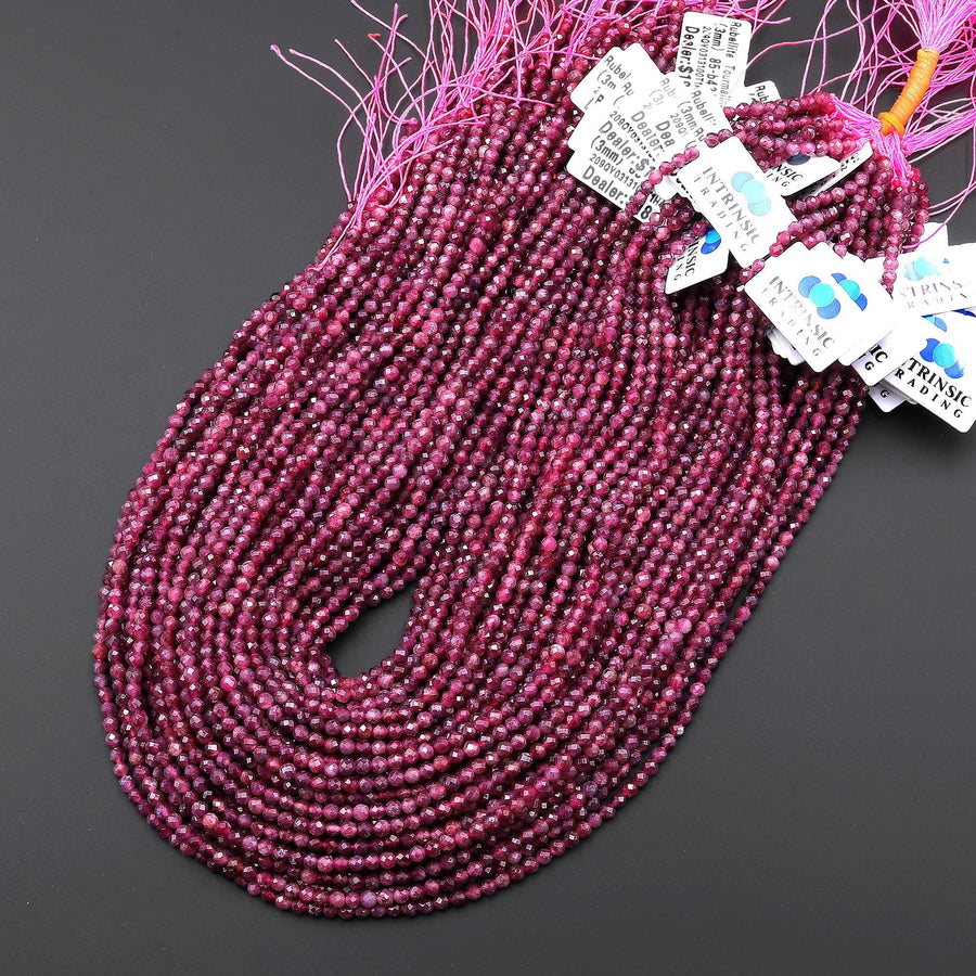 Faceted Natural Red Pink Rubellite Tourmaline 2mm 3mm 4mm Round Beads Micro Diamond Cut Gemstone 15.5" Strand