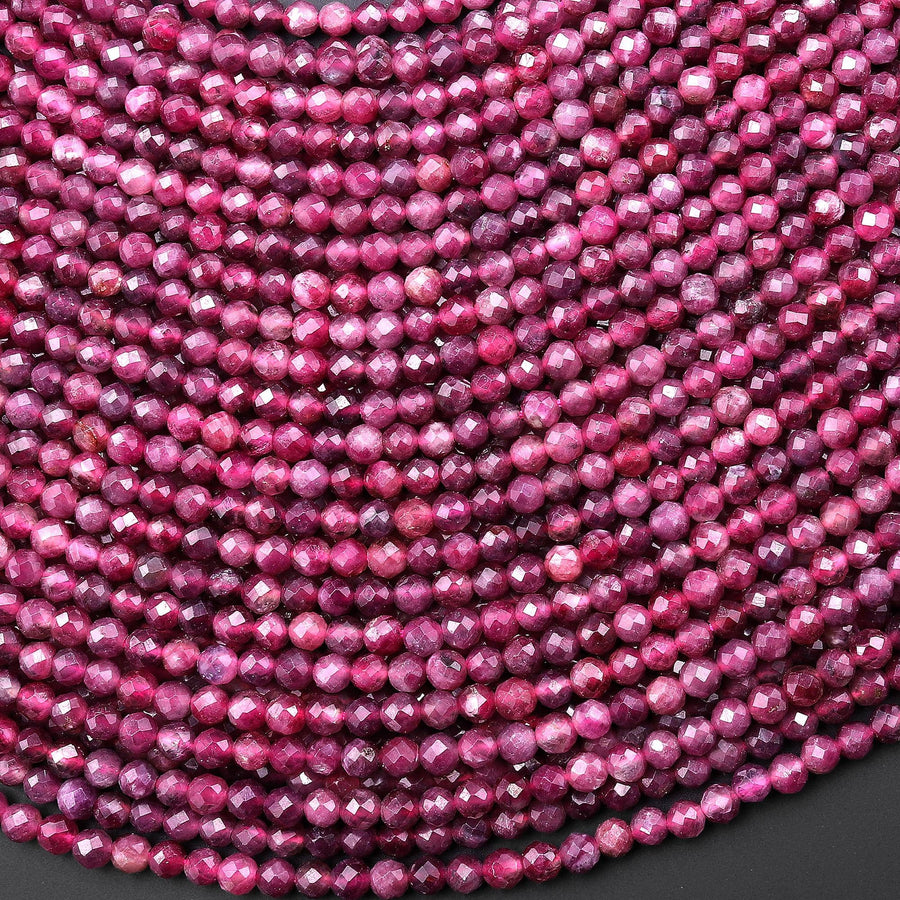Faceted Natural Red Pink Rubellite Tourmaline 2mm 3mm 4mm Round Beads Micro Diamond Cut Gemstone 15.5" Strand