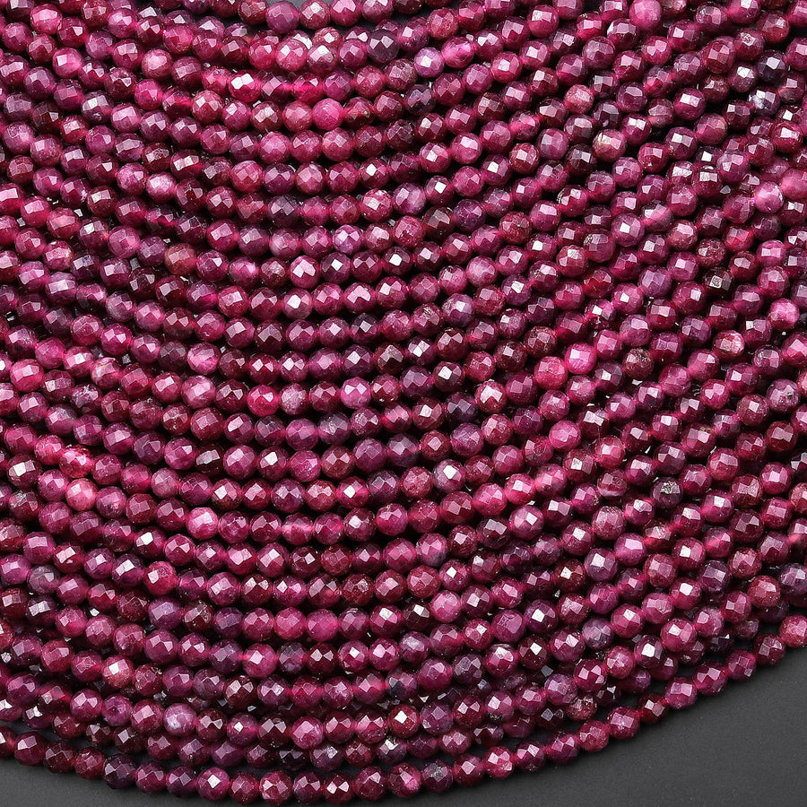 AAA Faceted Natural Dark Red Fuchsia Pink Rubellite Tourmaline 3mm Round Beads Gemstone 15.5" Strand