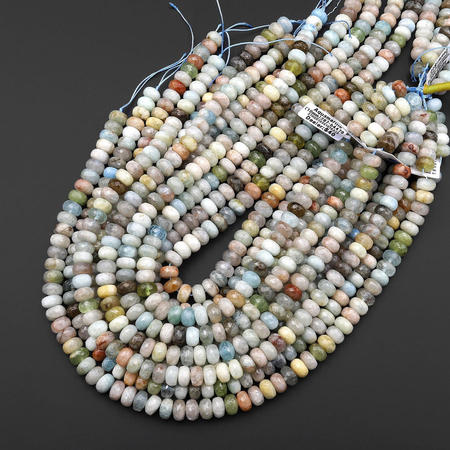 Faceted Natural Multicolor Blue Rusty Red Green Yellow Aquamarine 8mm 10mm Rondelle Beads 15.5" Strand