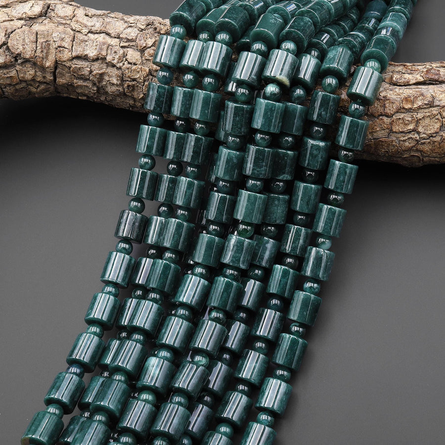 AAA Natural Guatemalan Dark Blue Green Jade Smooth Tube Cylinder Round Beads 15.5" Strand